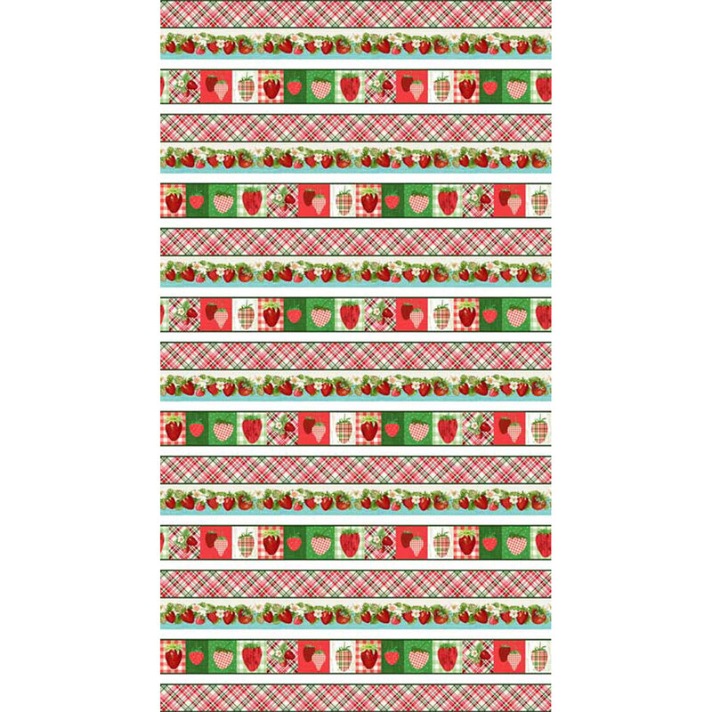 A repeating pattern of strawberry-themed motifs in red, green, and white, including hearts and strawberries.