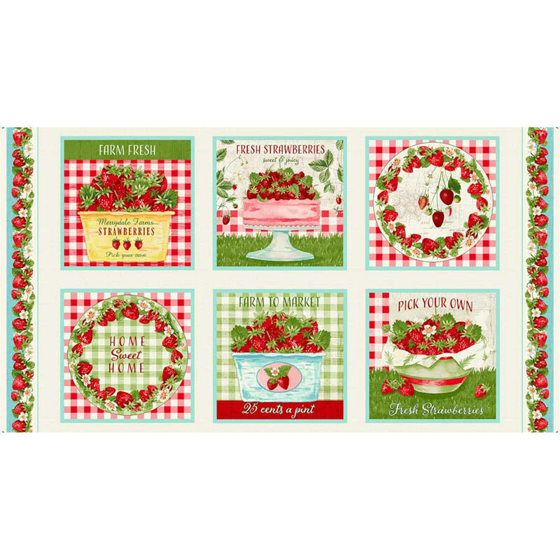 Patterned collage featuring six strawberry-themed designs with vibrant colors and text about fresh strawberries.