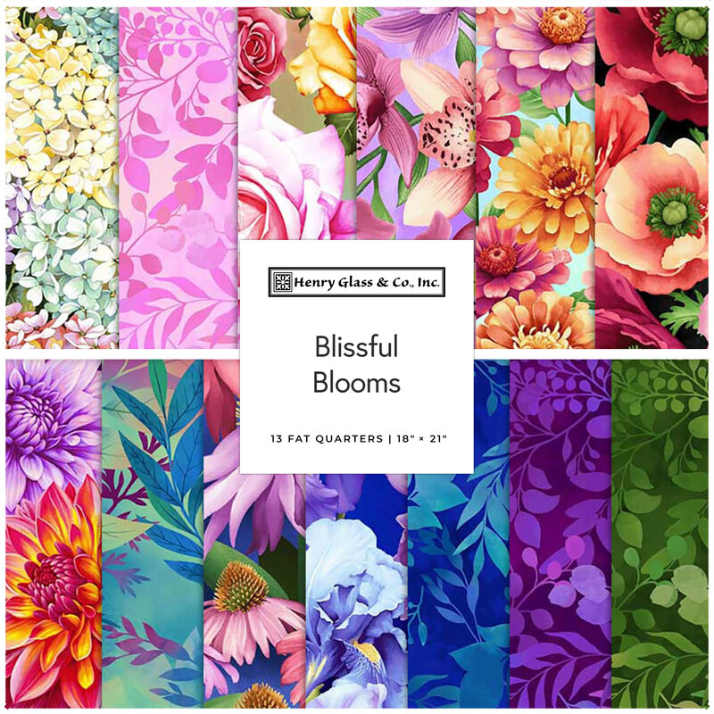 Collage of fabrics in the Blissful Blooms Fat Quarter Set featuring an assortment of large florals on mottled backgrounds.