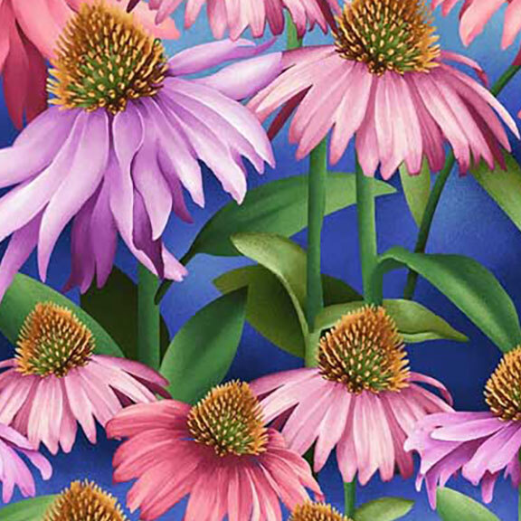 Mottled blue fabric featuring pink and purple echinaceas