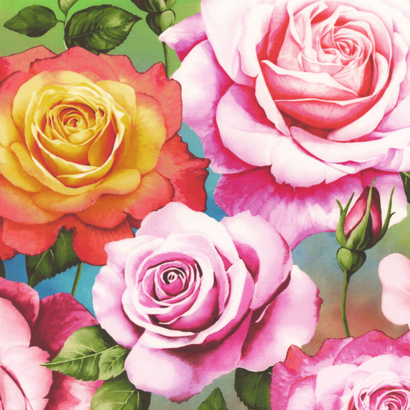 Colorful mottled fabric featuring large yellow and pink roses