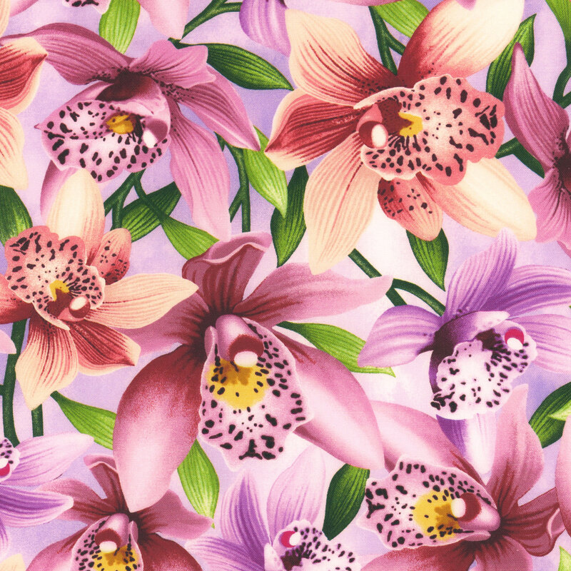 Purple mottled fabric covered in pink and purple orchids