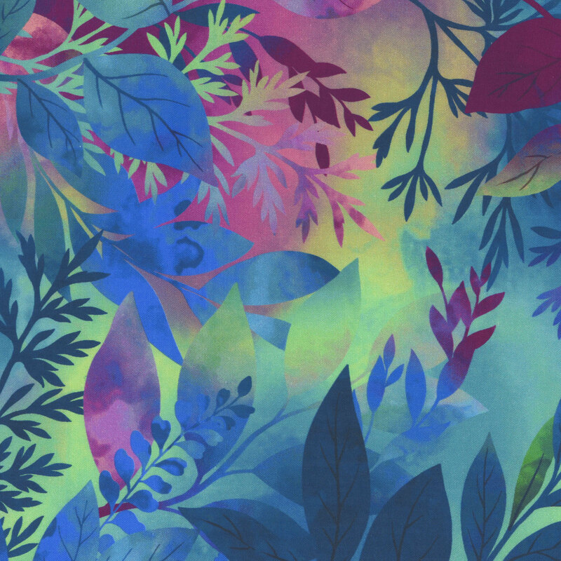 Fabric featuring botanical leaves in blue, pink, purple, and aqua shades on a colorful mottled background
