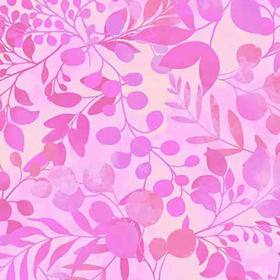 Mottled pink fabric featuring pink and purple botanical leaves and foliage