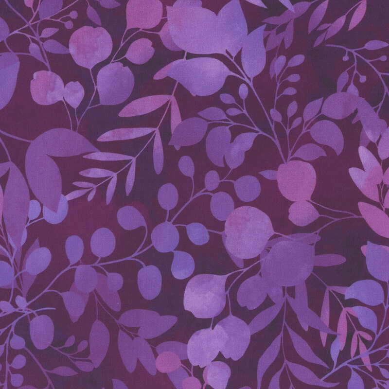 Mottled purple fabric featuring light purple and pink botanical leaves and foliage