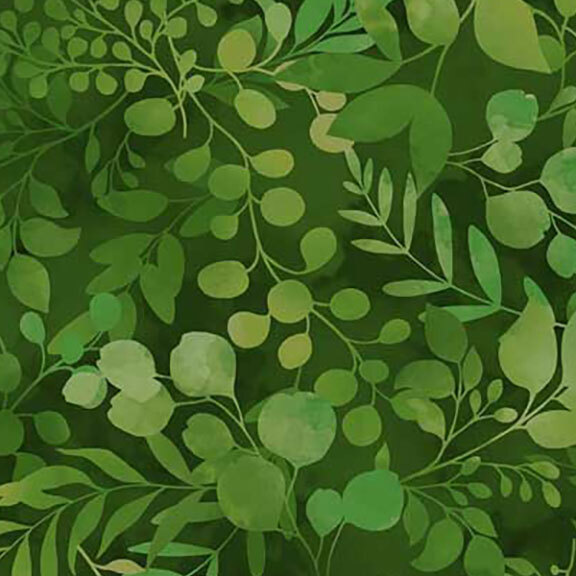 Mottled green fabric featuring green botanical leaves and foliage