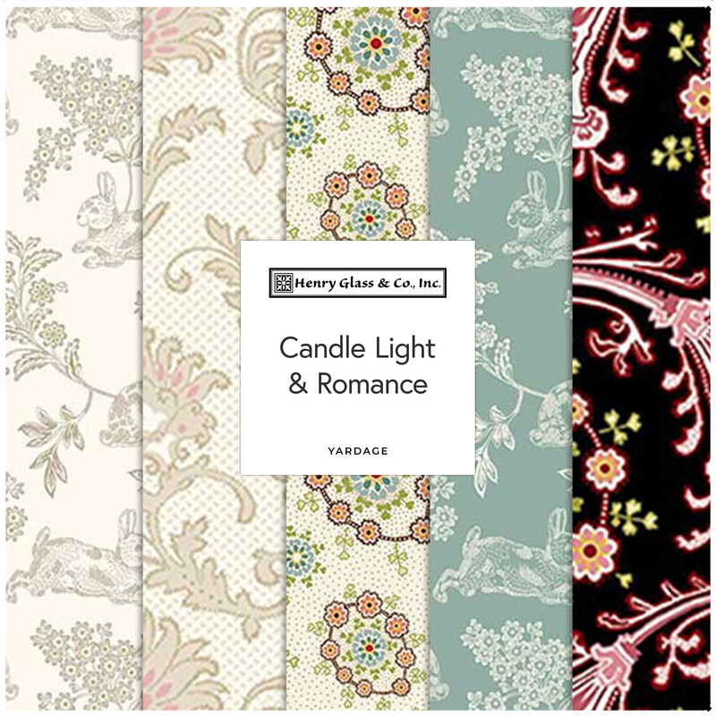 Five fabric swatches with floral patterns and a central label reading Candle Light & Romance.
