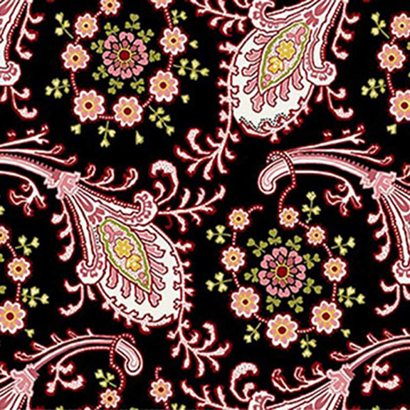 Black fabric with paisley and floral patterns in pink, white, and green hues.