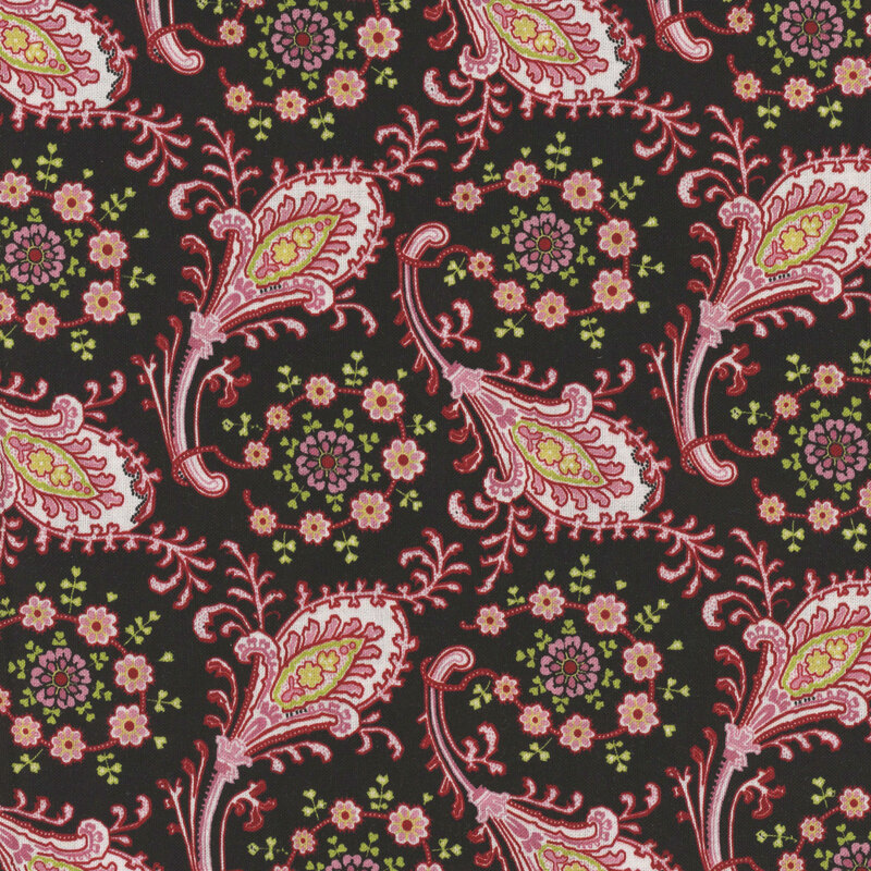 Soft black fabric with paisley and floral patterns in pink, white, and green hues.