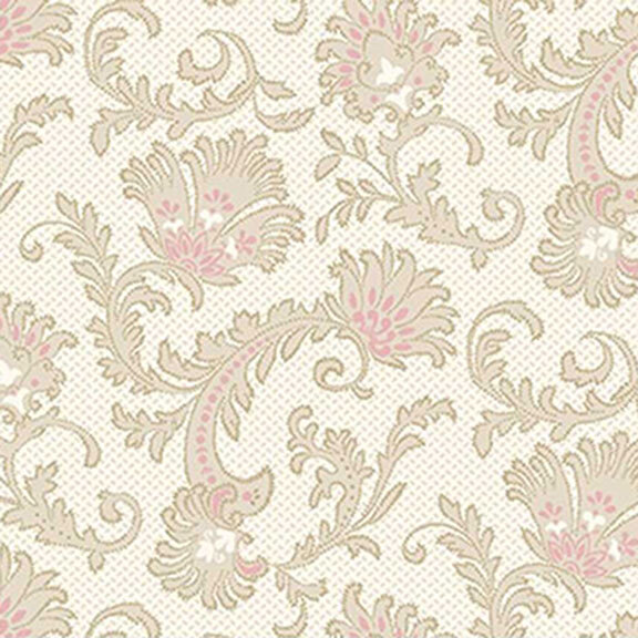 Floral wallpaper pattern with swirling vines and soft pink accents on a cream background.