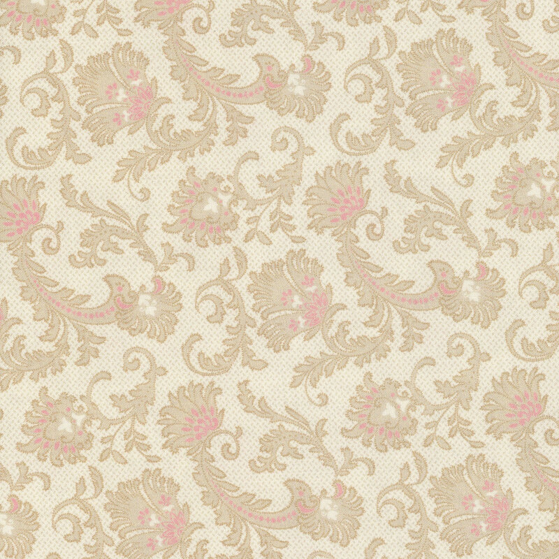 Floral wallpaper pattern with swirling vines and soft pink accents on a cream textured background.