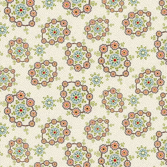 A repeating floral pattern featuring colorful flowers in circular arrangements on a light background.