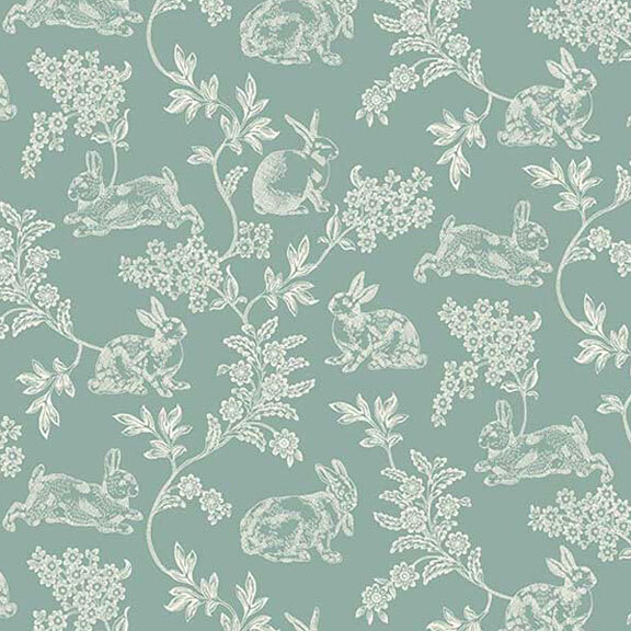 teal floral pattern featuring playful bunnies and intricate vines across the surface.