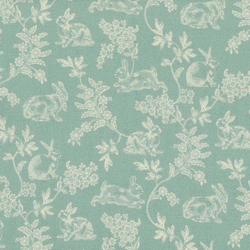 Light teal fabric featuring a cream pattern of playful bunnies and intricate vines.