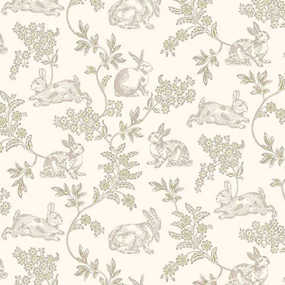 Repeating pattern featuring whimsical rabbits and foliage on a light background.