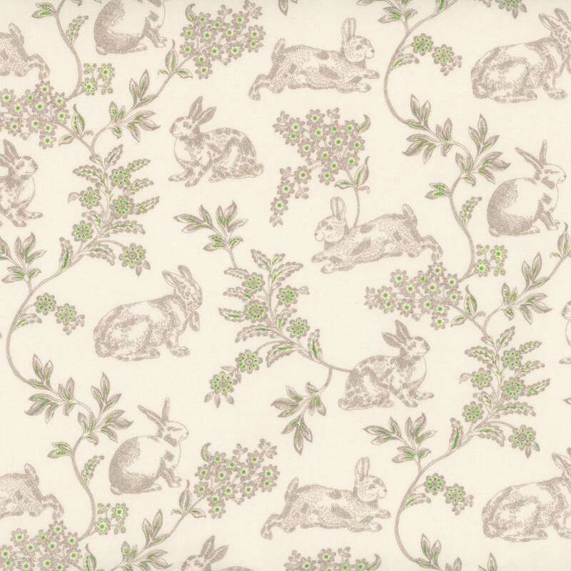 Repeating pattern featuring whimsical rabbits and foliage on a light background.