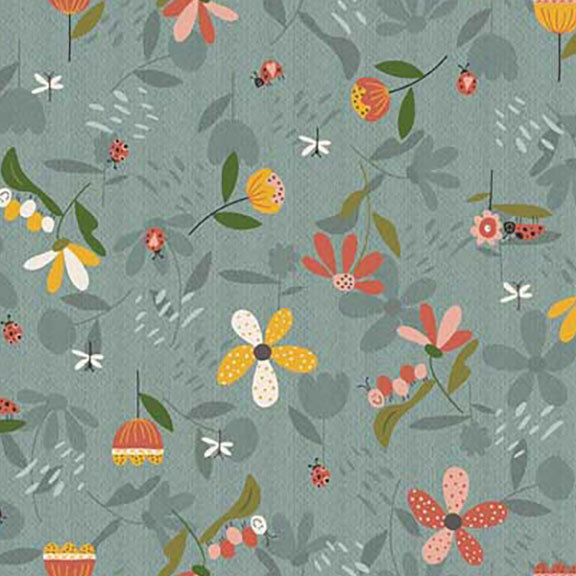 Blue fabric with tossed yellow and pink flowers amongst various garden bugs.