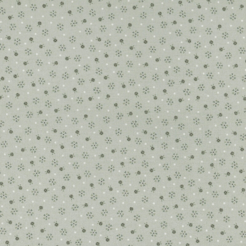 Tonal dusty aqua fabric with small ladybugs, flowers, and pinprick dots.
