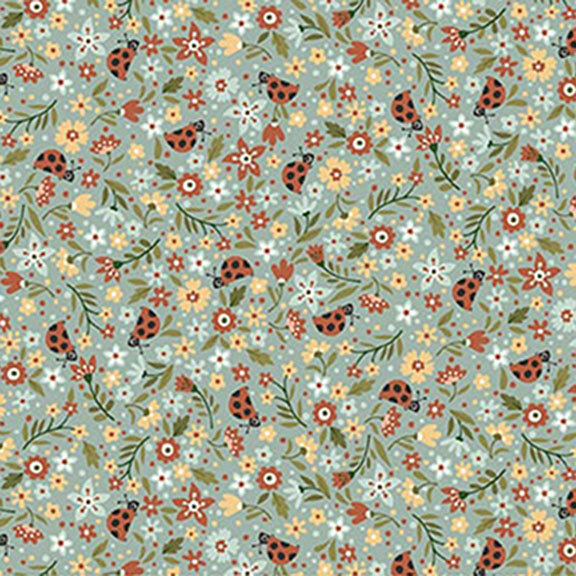 Packed aqua fabric with aqua, white, yellow, and red flowers amongst tossed ladybugs.