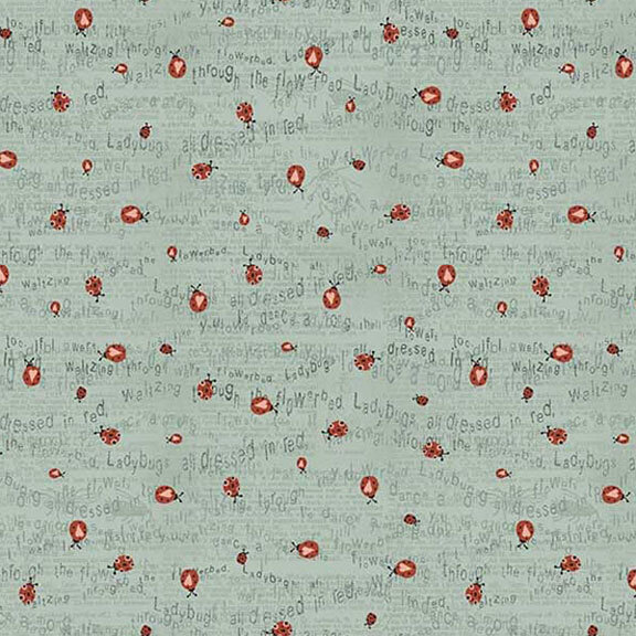 Dusty aqua fabric with tiny ladybugs crawling over wavy lines of words from a ladybug poem.