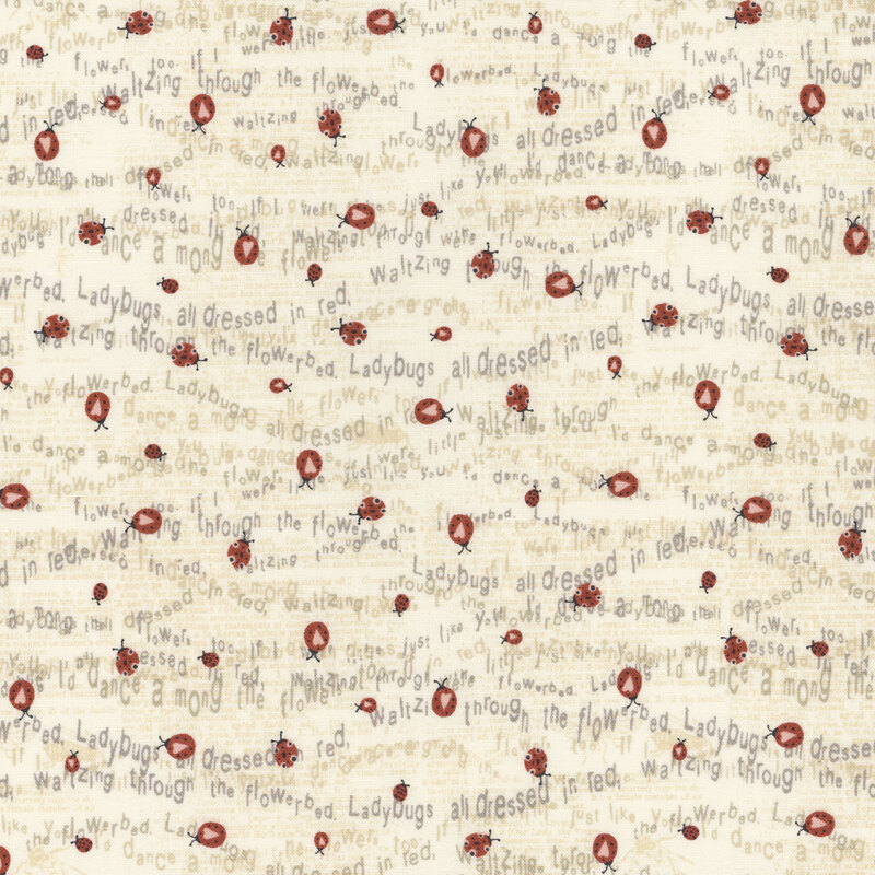 White fabric with tiny ladybugs crawling over wavy lines of words from a ladybug poem.