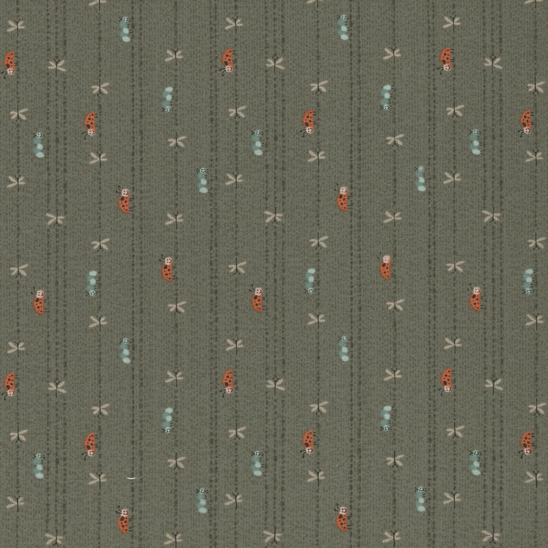 Gray-green fabric with ladybugs, caterpillars, and dragonflies crawling on vertical lines.