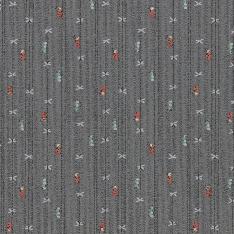 Gray fabric with ladybugs, caterpillars, and dragonflies crawling on vertical lines.