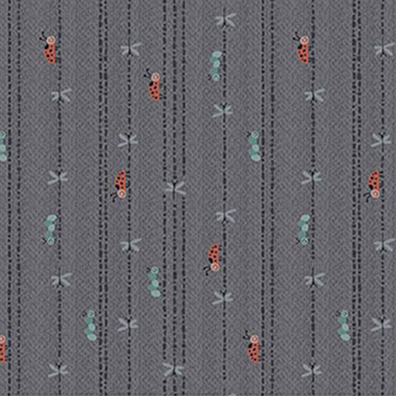 Gray fabric with ladybugs, caterpillars, and dragonflies crawling on vertical lines.