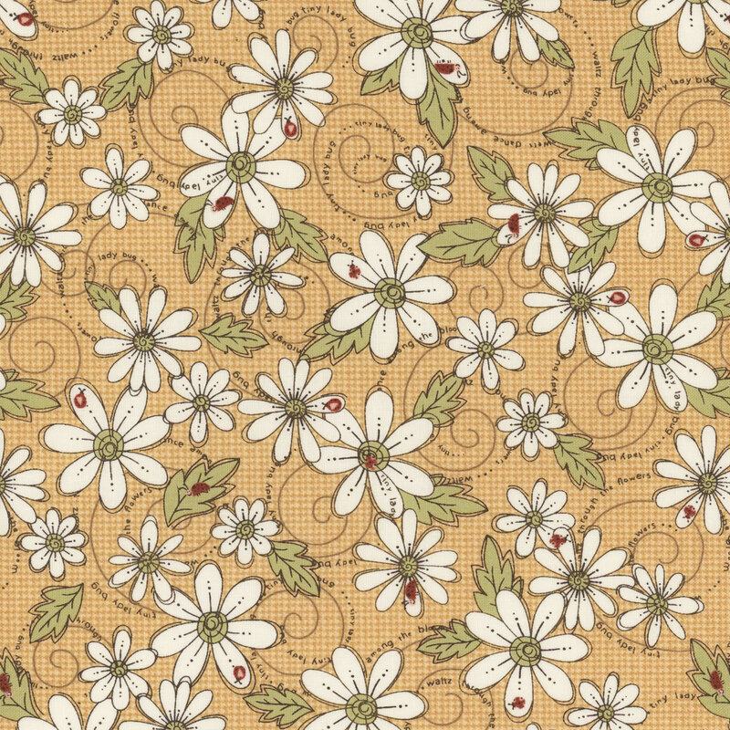 White flowers with tiny ladybugs and swirls of words on a textured yellow background.