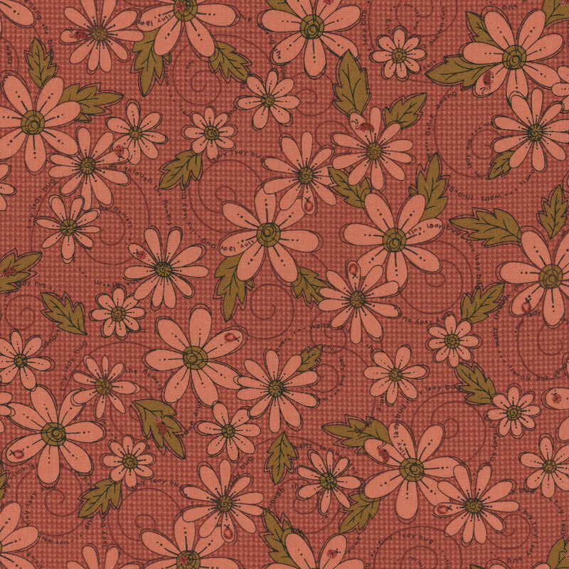 Tonal flowers with tiny ladybugs and swirls of words on a textured red background.