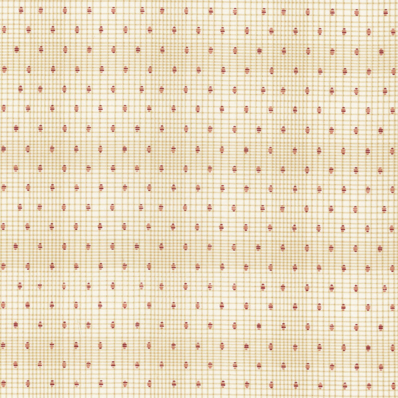 Cream fabric with a grid texture and neat rows of small pink dots.