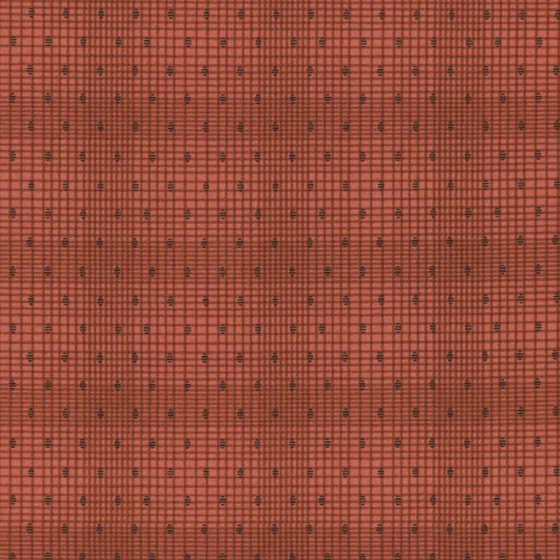 Red fabric with a grid texture and neat rows of small tonal dots.