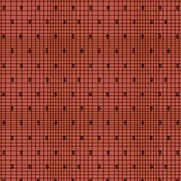 Red fabric with a grid texture and neat rows of small tonal dots.