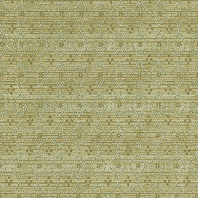 Textured green fabric featuring floral and star diamond shapes with subtle decorative lines.