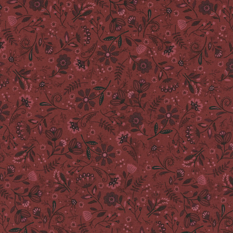 Red fabric with tossed tonal flowers.