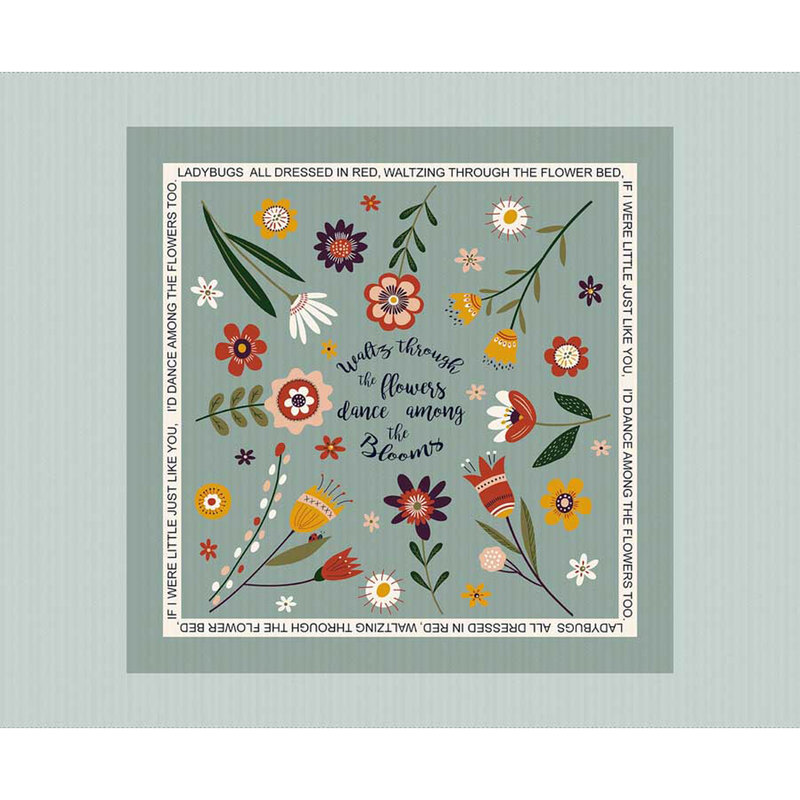 A square muted blue panel with flowers pointed inwards in a circle around the phrase 