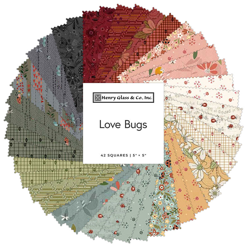 A spiral collage of warm ladybug-themed fabrics included in the Love Bugs 5