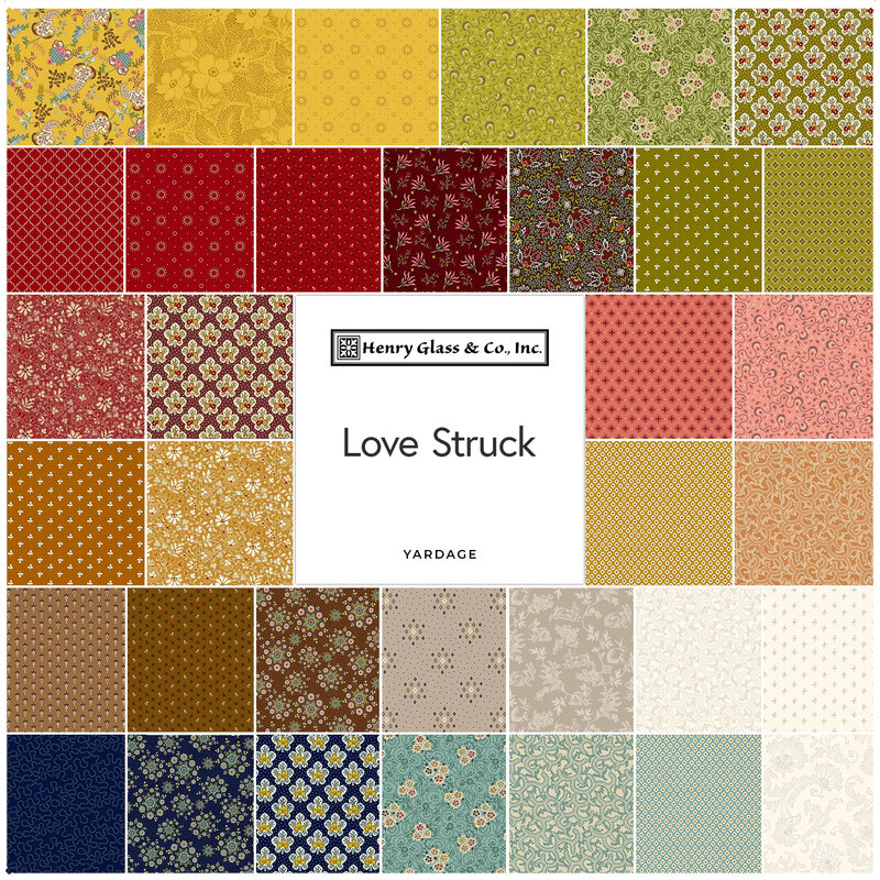 Digital collage of fabrics included in the Love Struck collection with ornamental and floral patterns in red, green, and blue.
