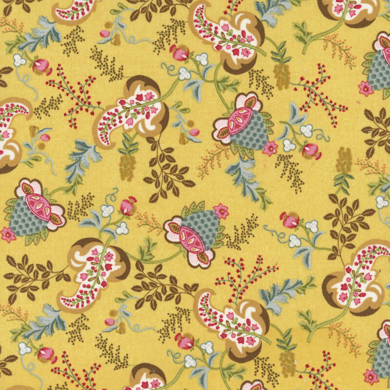 Yellow fabric featuring vintage floral patterns in brown, red, and green.