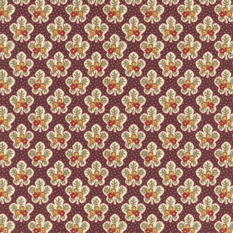 Plum fabric featuring vintage floral patterns in red, yellow, and green.