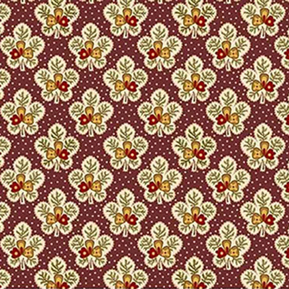 Plum fabric featuring vintage floral patterns in red, yellow, and green.
