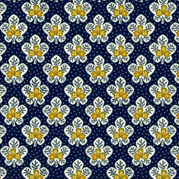 Blue fabric featuring half-drop ornamental and floral patterns in white, yellow, and green.