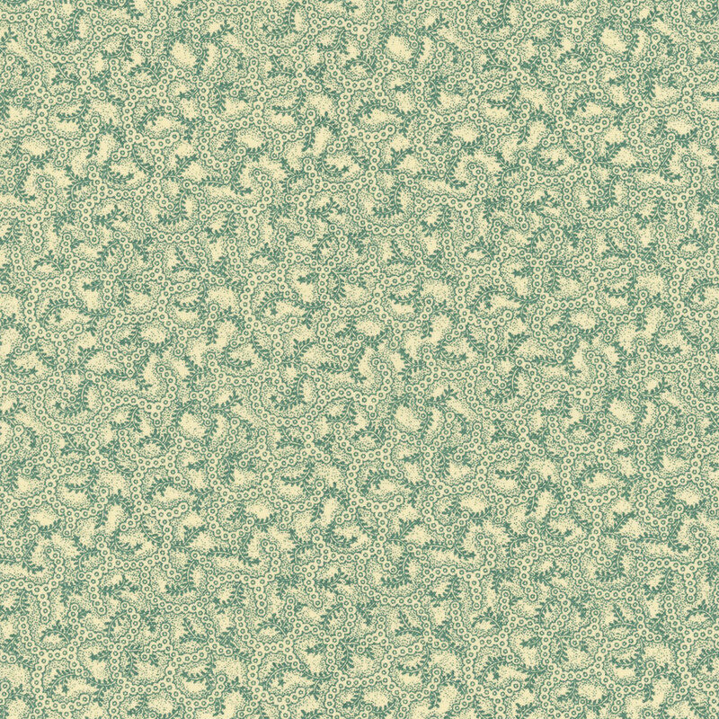 Light beige fabric with aqua swirling vines and leaf patterns. 