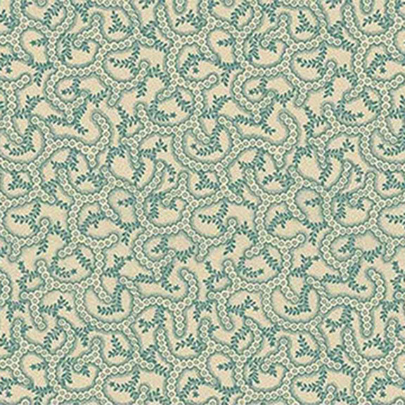 Light beige fabric with aqua swirling vines and leaf patterns. 