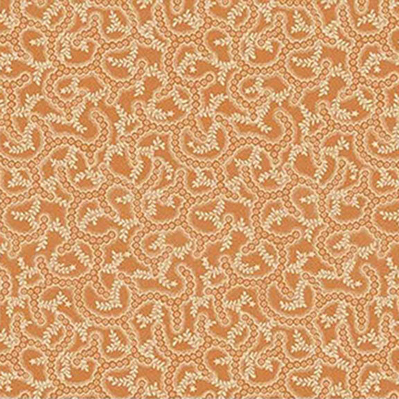 Peach fabric with light beige swirling vines and leaf patterns.