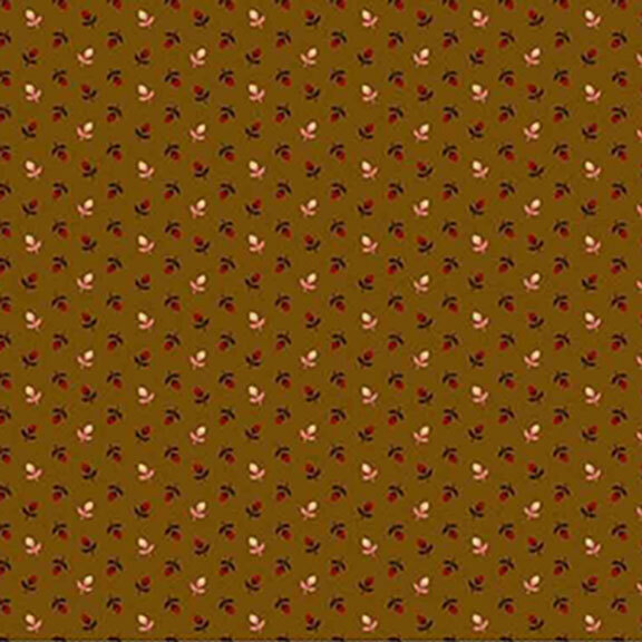 Brown fabric featuring a ditsy print of red and white tulips.