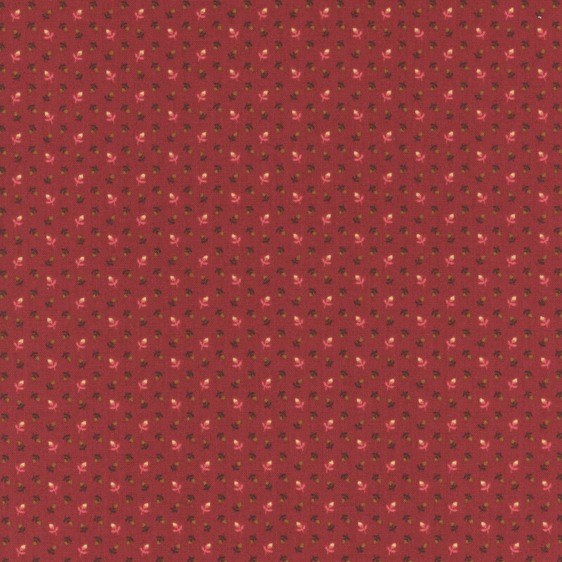 Red fabric featuring a print of tiny brown and white tulips.