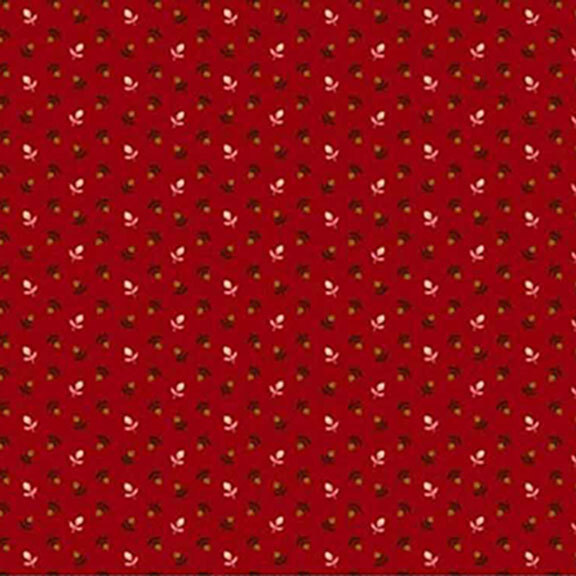 Red fabric featuring a ditsy print of brown and white tulips.