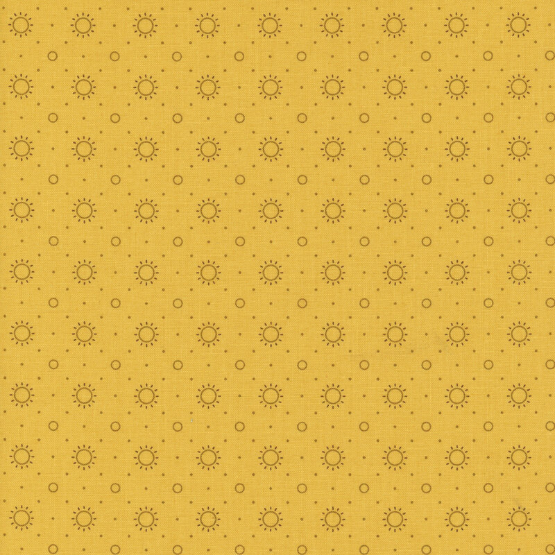 Repeating pattern of brown suns and small circles on a yellow fabric.