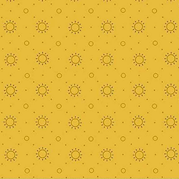 Repeating pattern of brown suns and small circles on a yellow fabric.